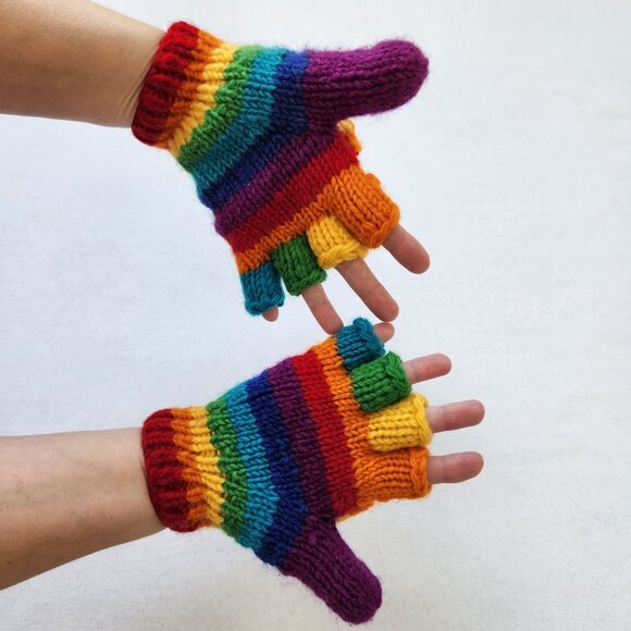 Rainbow Convertible Fingerless Mittens Gloves Pride Rainbow Dash Colorful Cute - Picture 5 of 7